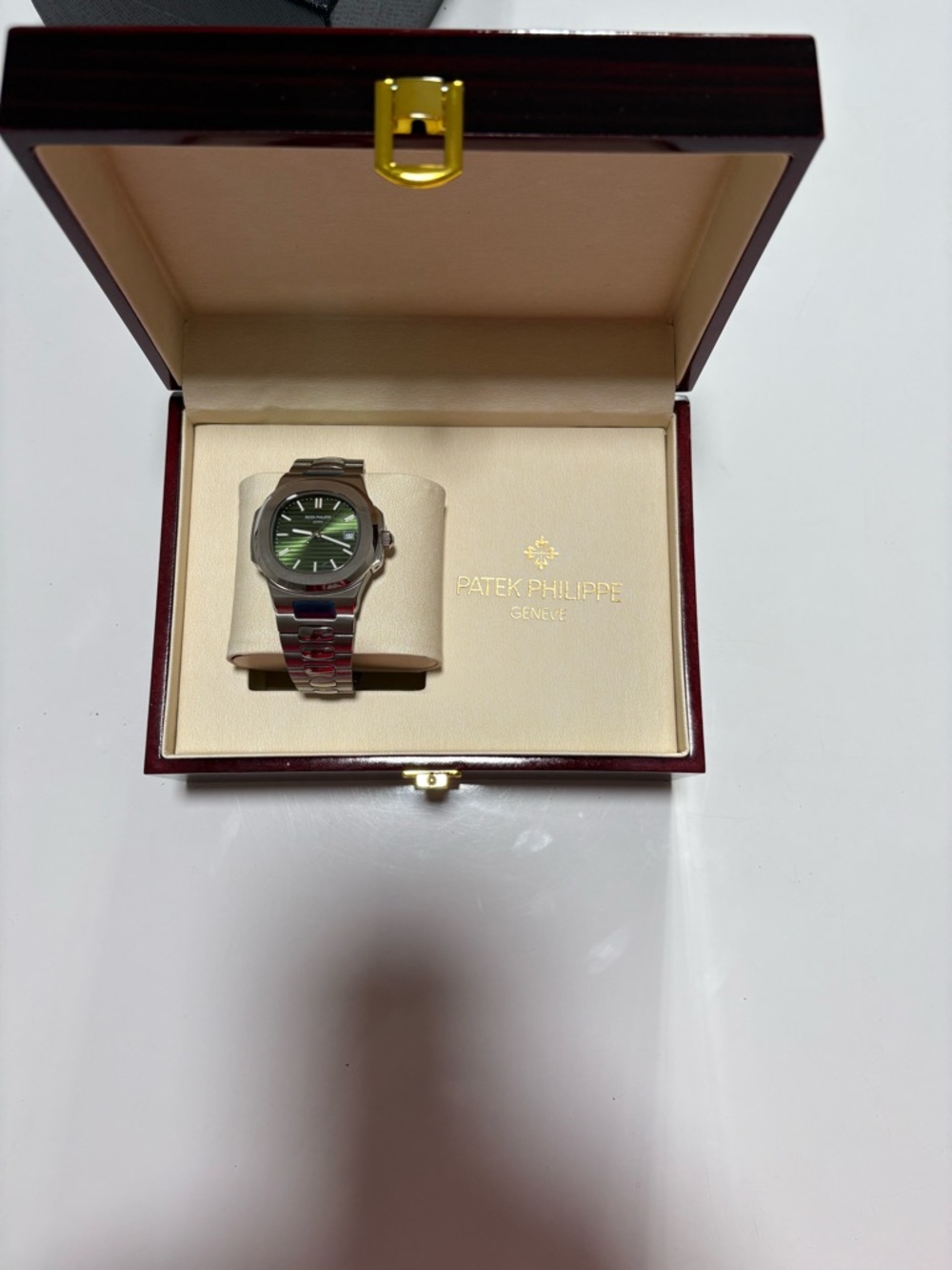 Patek Philippe Stainless Steel Watch with Green Dial and Silver Bracelet